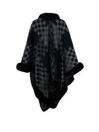 Thumbnail for Checkered Faux Fur Trim Poncho - T - 5 COLORS -