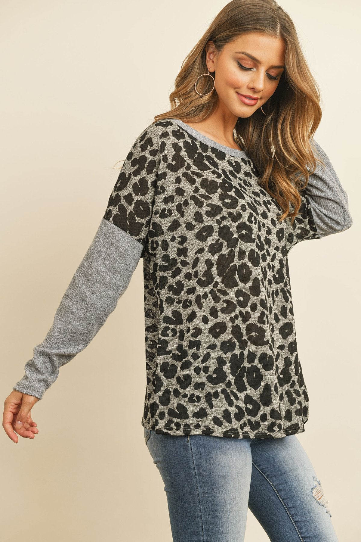 Riah Fashion - Hacci Brushed Contrast Sleeves Boat Neck Leopard Top - 2 COLORS -