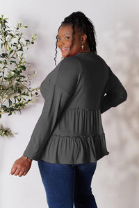 Thumbnail for Double Take Half Button Long Sleeve Ruffle Hem Blouse - SIZES S THRU 3XL - T - 7 COLORS -