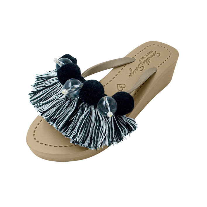 SAND BY SAYA N.Y. - Black Pom Pom Tassel- Women's Mid Wedge - 2 COLORS -