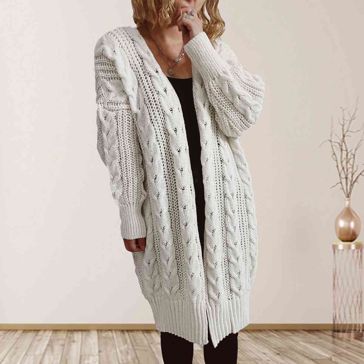 Cable-Knit Open Front Dropped Shoulder Cardigan - T - 6 COLORS -