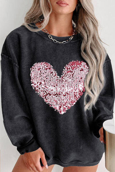 Plus Size Heart Sequin Round Neck Sweatshirt - SIZES 1XL THRU 3XL - T - 3 COLORS -