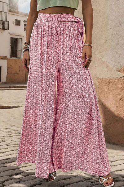 Printed Tied Wide Leg Pants - T - 3 COLORS -