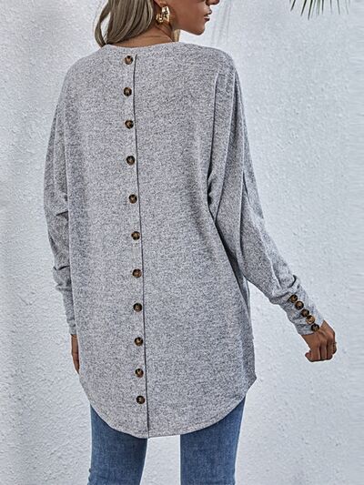 Buttoned Back Round Neck Long Sleeve T-Shirt - T - 1 COLOR -