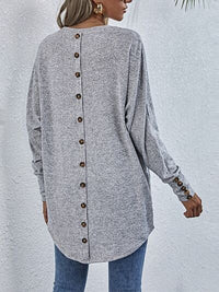 Thumbnail for Buttoned Back Round Neck Long Sleeve T-Shirt - T - 1 COLOR -