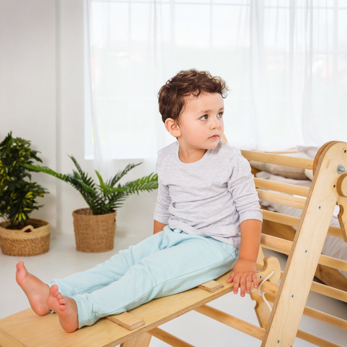 3in1 Montessori Climbing Set: Triangle Ladder + Wooden Arch + Slide Board – Beige NEW