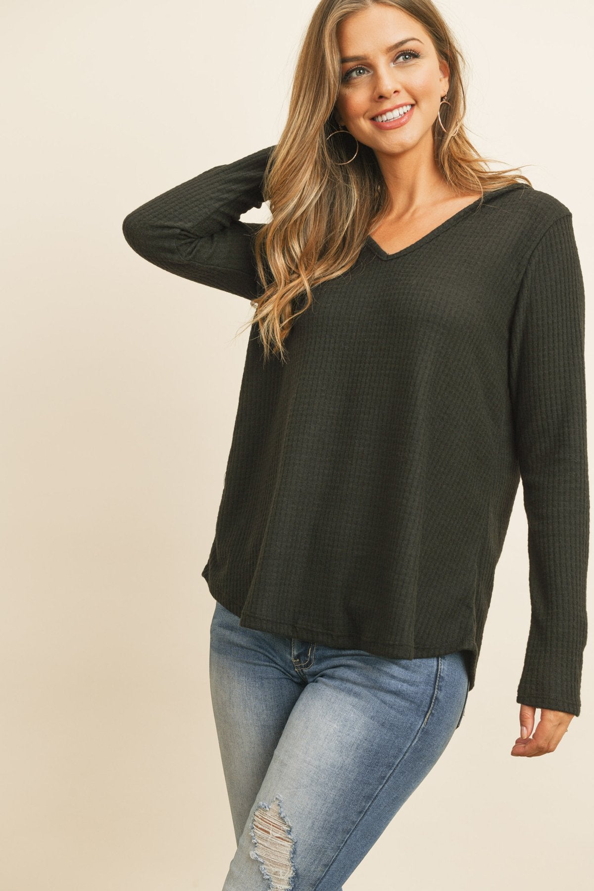 Riah Fashion - V-Neck Long Sleeved Waffle Top - 7 COLORS -