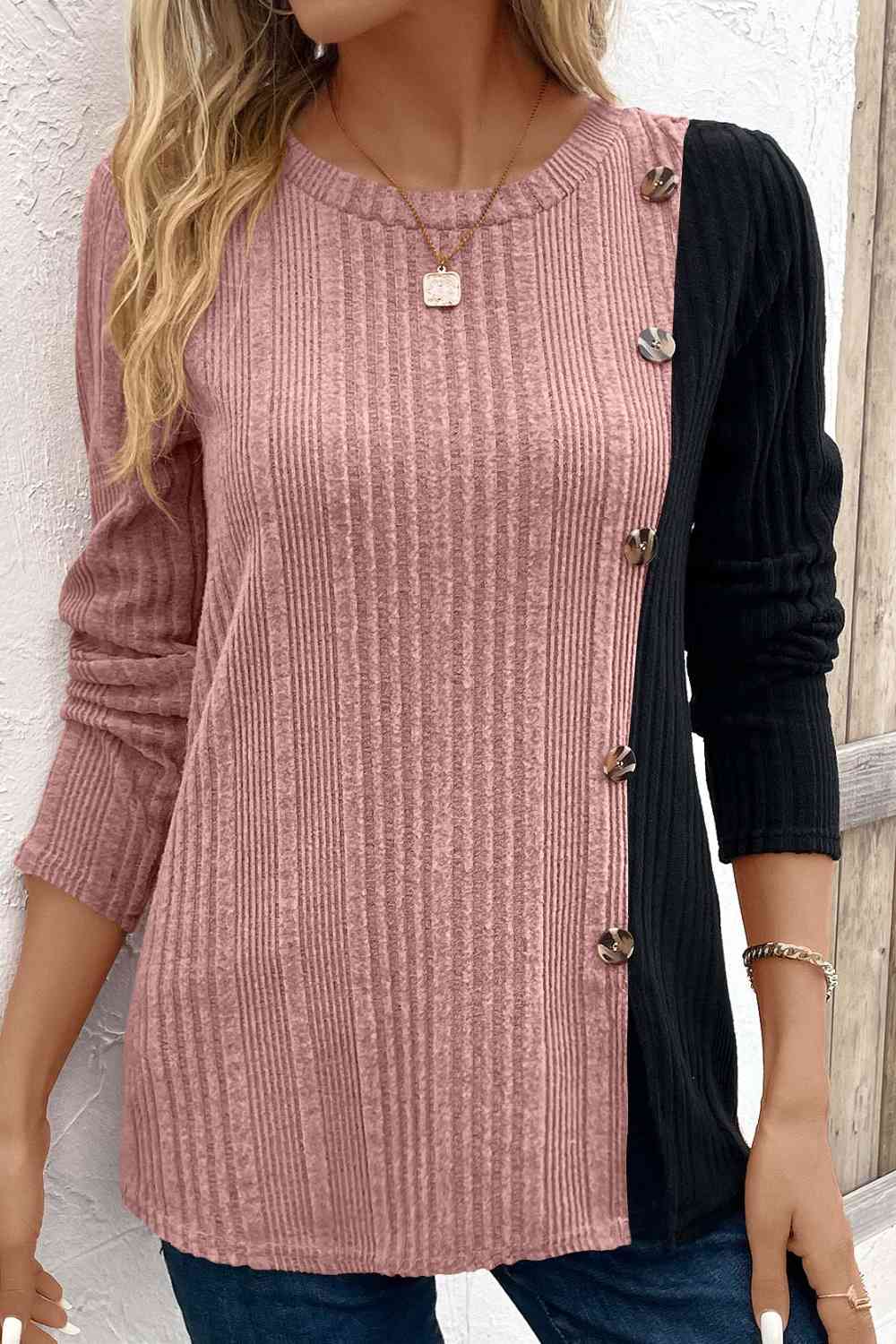 Contrast Long Sleeve Knit Top - T - 6 COLORS -