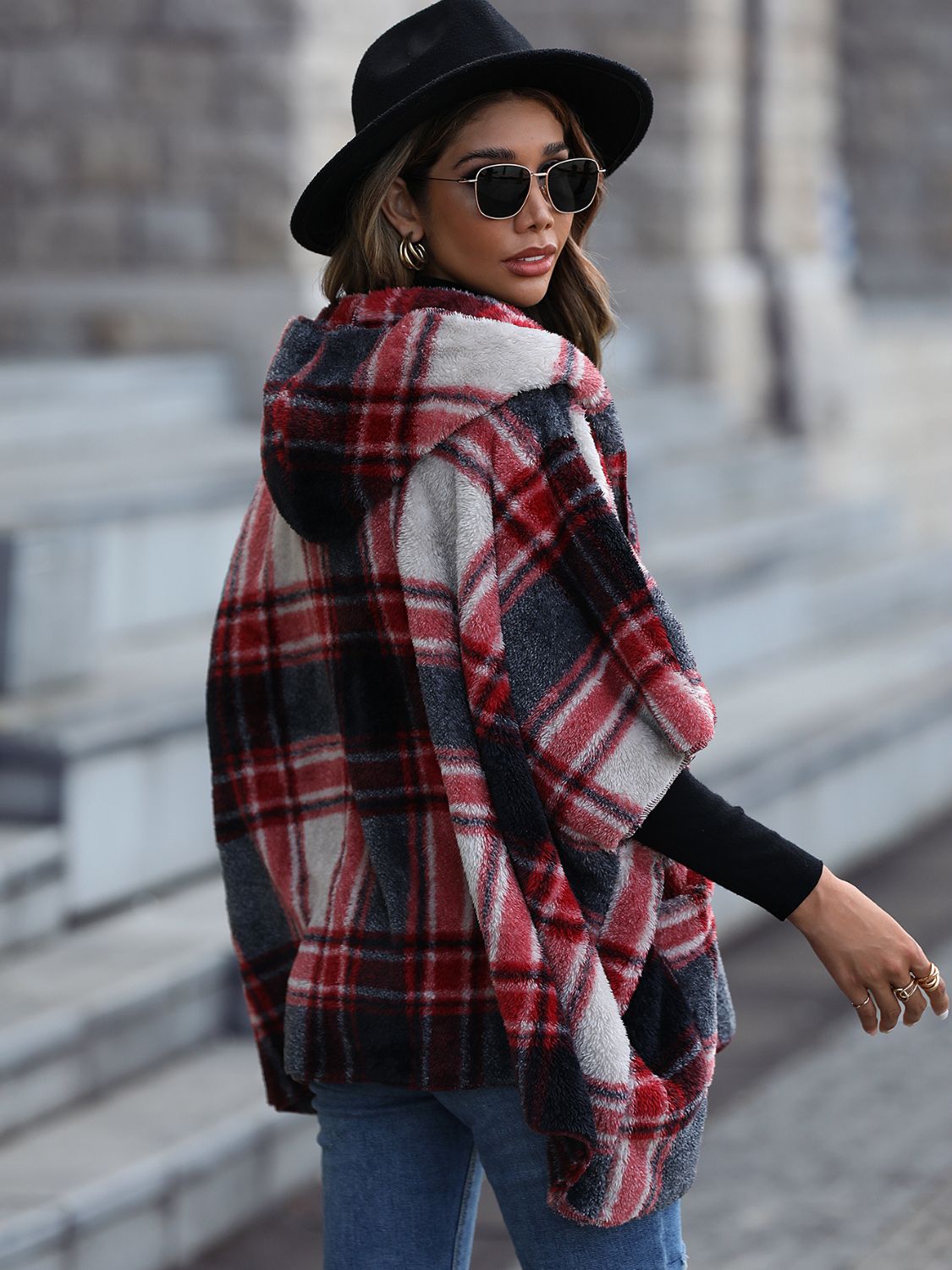 Plaid Hooded Coat with Pockets - T - 1 COLOR -