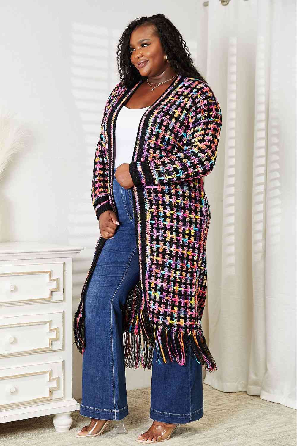 Double Take Full Size Multicolored Open Front Fringe Hem Cardigan - T - SIZES S THRU 3XL - 1 COLOR -