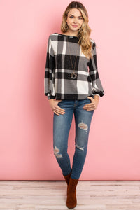 Thumbnail for Riah Fashion - Boat Neck Puff Sleeves Plaid Top - 3 COLORS -