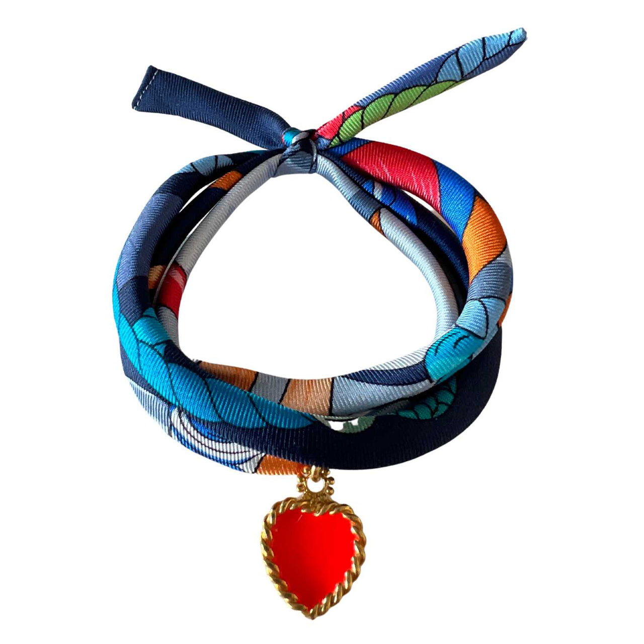 Akalia - Red Hand Printed Silk Twill Bracelet Sterling Silver Gold Plated Enamel Love Charm -