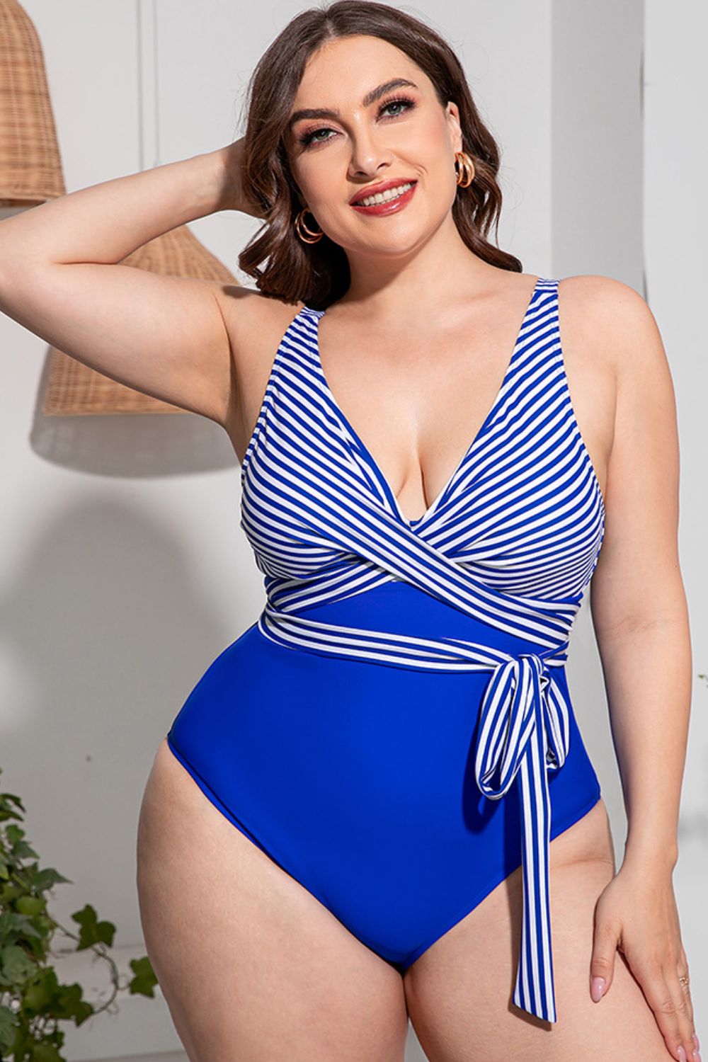 Plus Size Striped Tie-Waist One-Piece Swimsuit - L THRU 4XL - T - 4 OLORS -