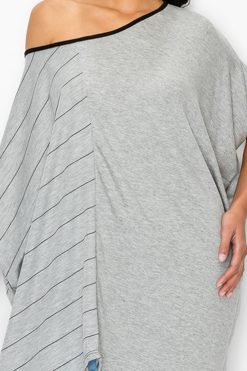 Stylespect - Stripe and Solid Contrast Oversized Top - Grey - 1 COLOR -