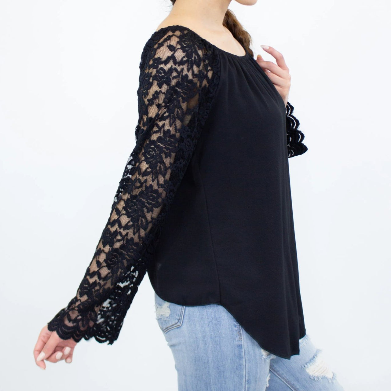 Stylespect - Lace Sleeve Backless Top - Black - 1 COLOR -