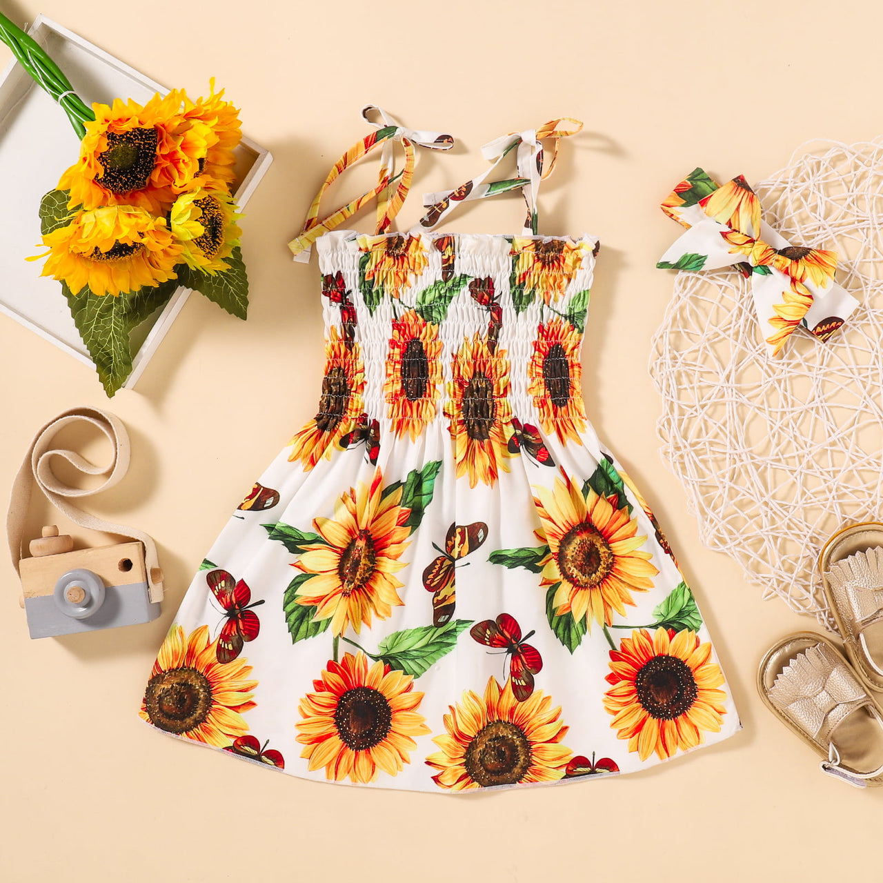 Sunflower Print Smocked Tie Shoulder Dress with Headband - 2 PCS. - T - 1 PATTERN -