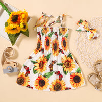 Thumbnail for Sunflower Print Smocked Tie Shoulder Dress with Headband - 2 PCS. - T - 1 PATTERN -