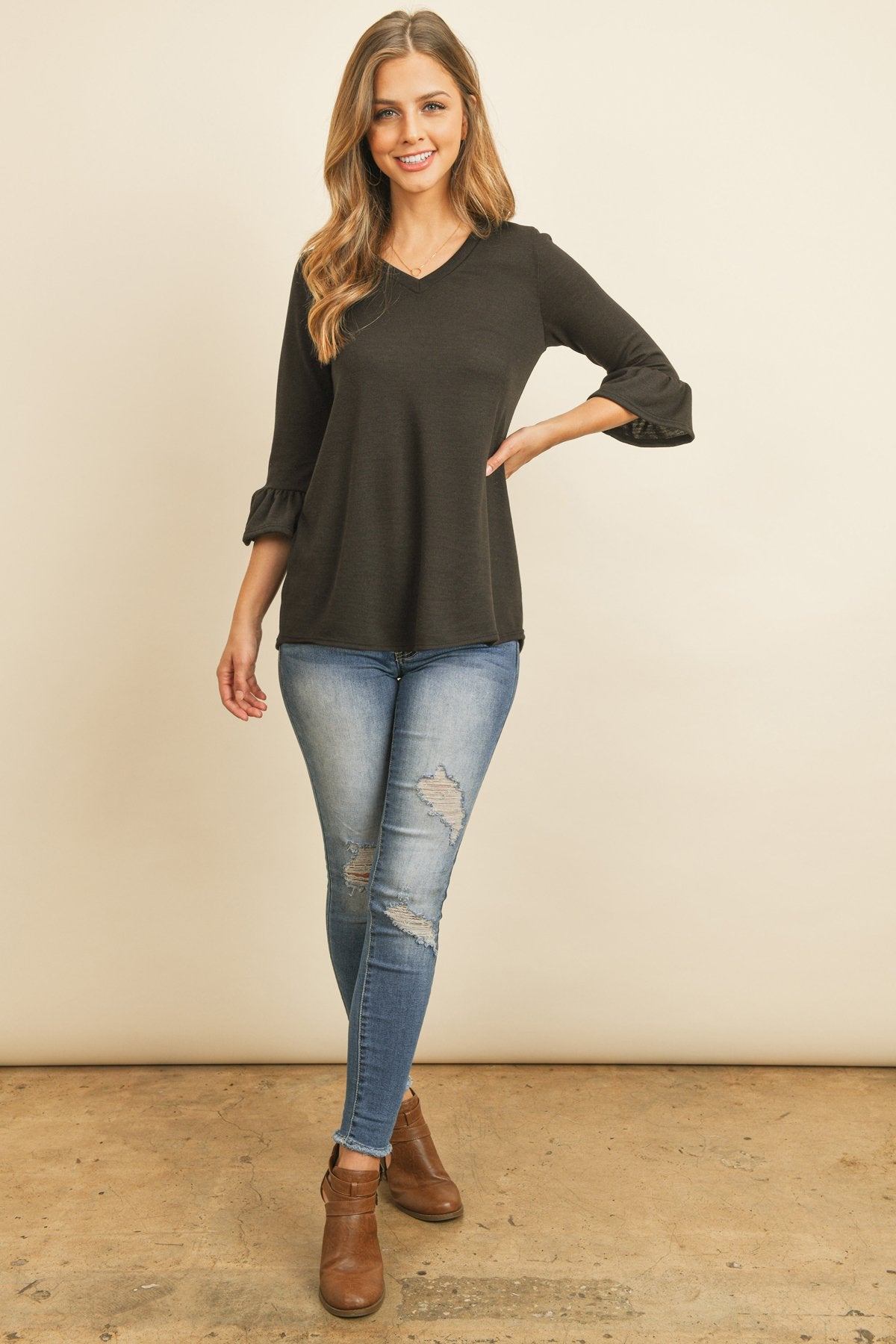 Riah Fashion - Solid Bell Sleeve V-Neck Top - 5 COLORS -