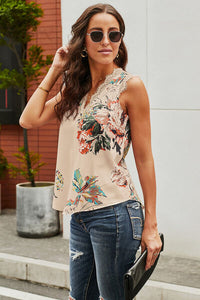 Thumbnail for Lace Detail Printed V-Neck Tank - T - 1 COLOR -