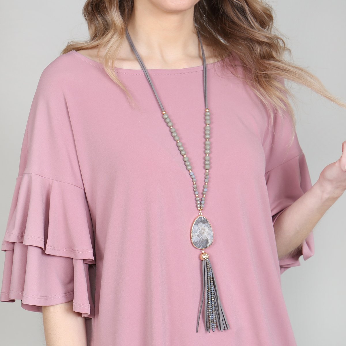 Natural Stone Tassel Pendant Necklace - 5 COLORS -