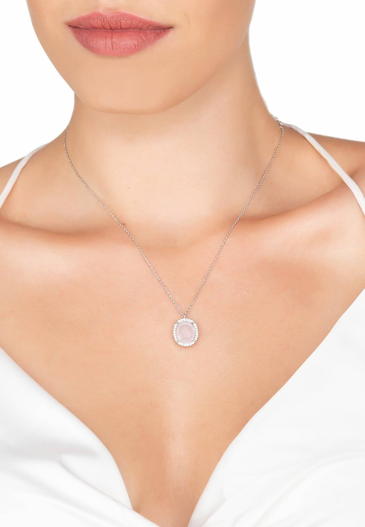 LATELITA - Beatrice Oval Gemstone Pendant Necklace Silver Rose Quartz -