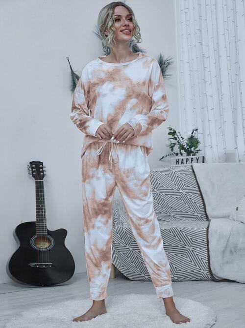 Tie-dye Round Neck Top and Drawstring Pants Lounge Set - 2 PCS. - T - 4 COLORS -