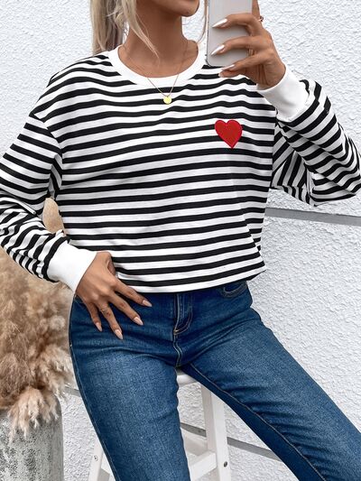 Heart Patch Striped Round Neck Long Sleeve Sweatshirt - T - 1 COLOR -