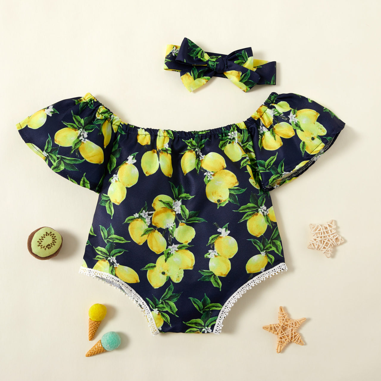 Lemon Print Square Neck Bodysuit - T - 4 SIZES - 1 COLOR -