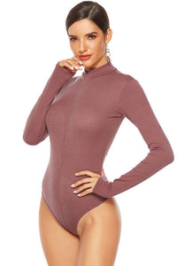 Thumbnail for Full Size Ribbed Half Zip Long Sleeve Bodysuit - T - 4 COLORS -