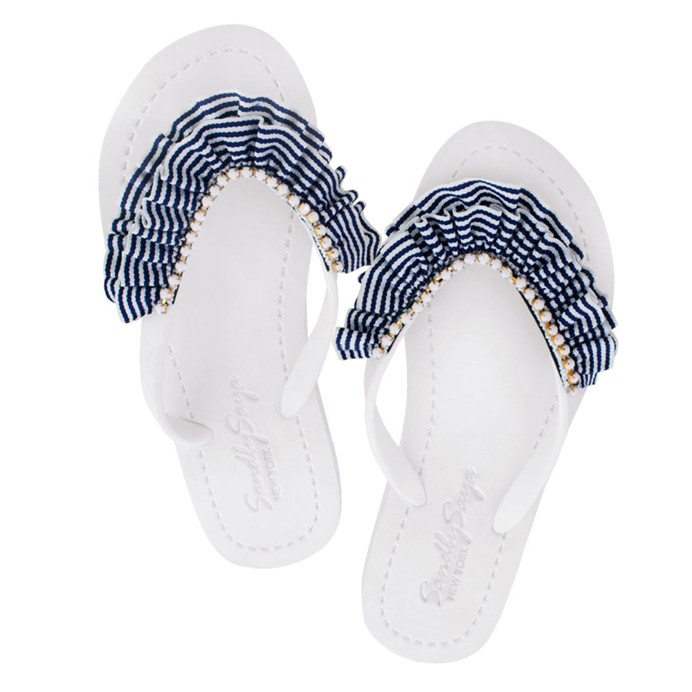 SAND BY SAYA N.Y. - Rockaway Stripe Ruffle - Embellished Flat Flip Flops Sandal - 5 COLORS -