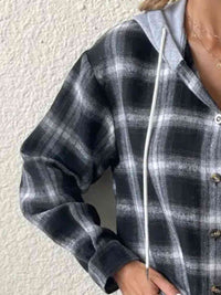 Thumbnail for Plaid Drawstring Button Up Hooded Shirt - T - 5 COLORS -