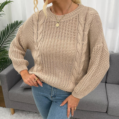 Openwork Round Neck Dropped Shoulder Sweater - T - 1 COLOR -