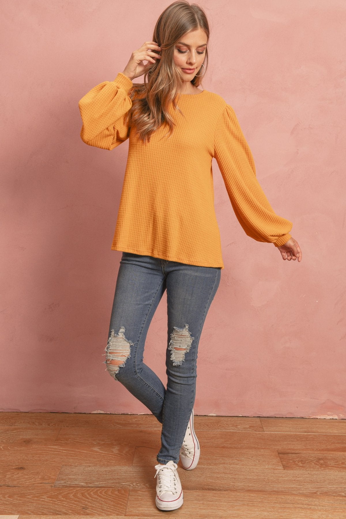 Riah Fashion - Puff Sleeved Waffle Top - 9 COLORS -