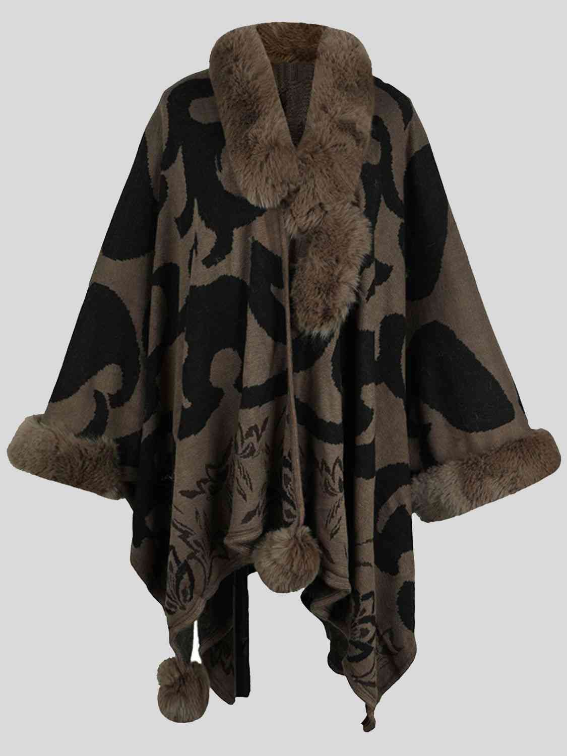 Faux Fur Trim Poncho - T - 5 COLORS -