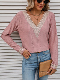 Thumbnail for Contrast V-Neck Eyelet Long Sleeve Top - T - 7 COLORS -