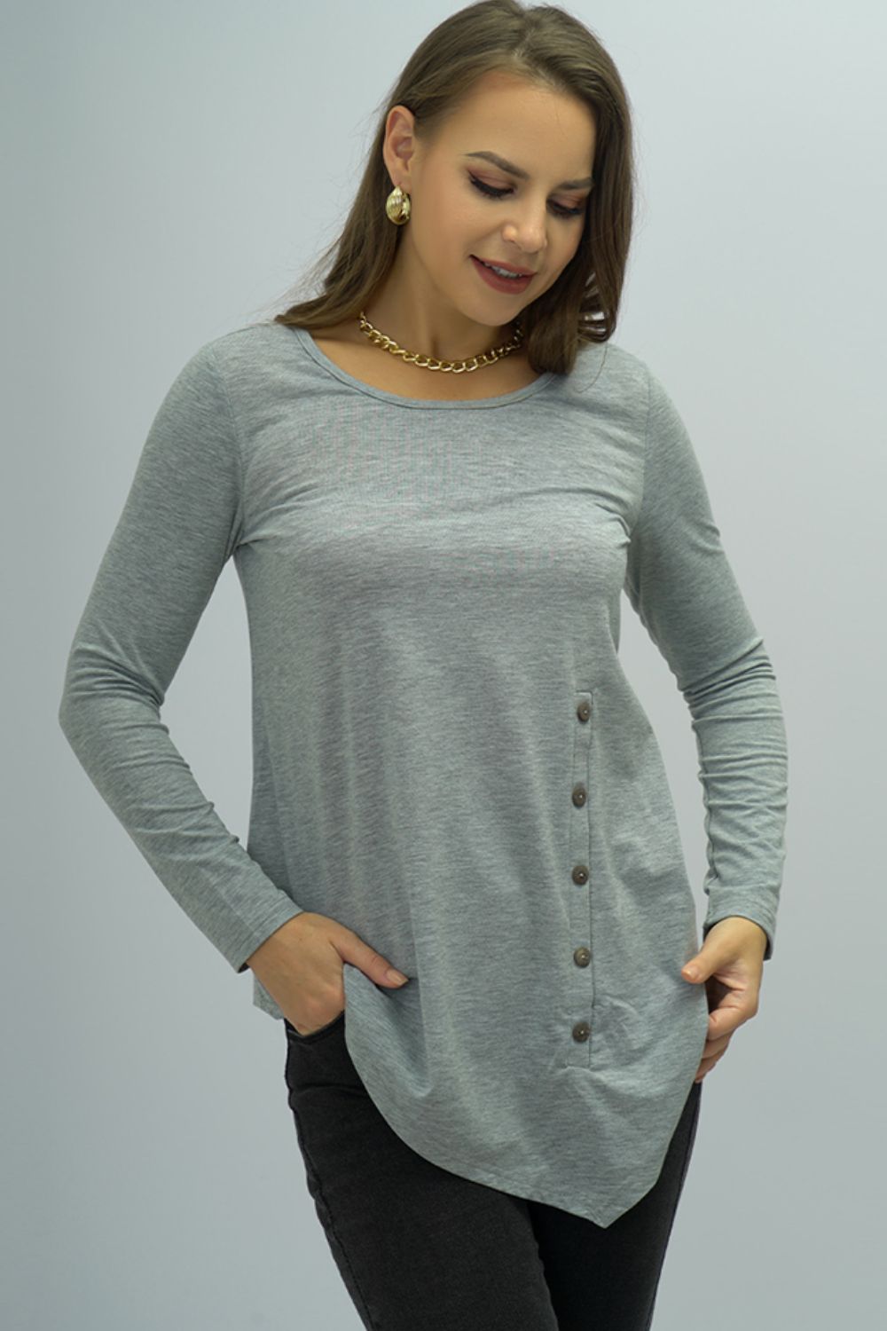 Buttoned Long Sleeve Round Neck Tee - T - 1 COLOR -