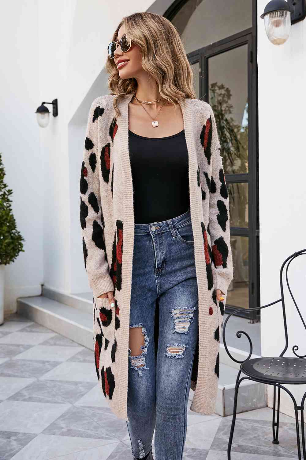 Leopard Open Front Cardigan with Pockets - T - 3 COLORS -