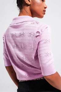 Thumbnail for Q2 - Knitted Pointelle Polo Neck Jumper in Pink - 1 COLOR -