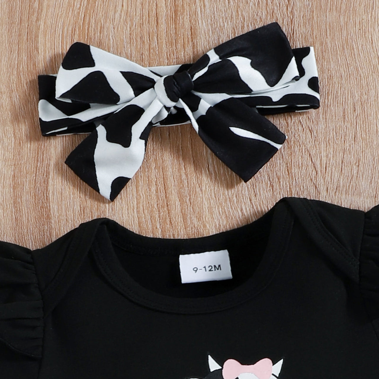 Graphic Ruffled Bodysuit and Cow Print Shorts Set with Headband - 3 PCS. - T- 1 COLOR -