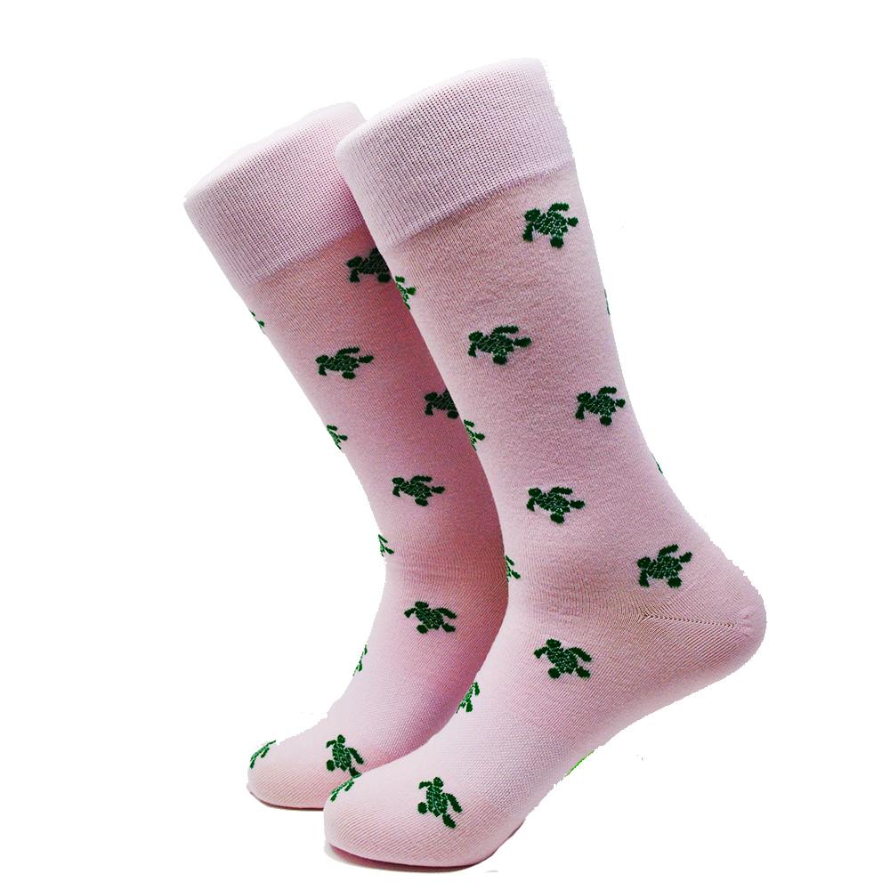 Summer Ties - Turtle Socks - Men's Mid Calf - Green on Pink - 1 COLOR -