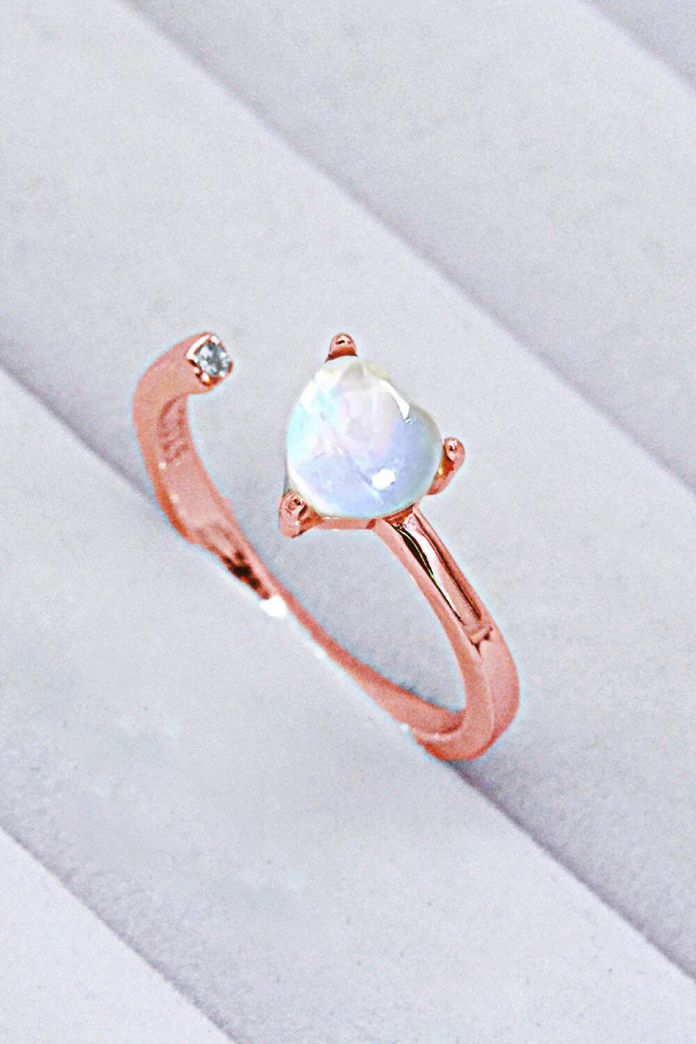 Inlaid Moonstone Heart Adjustable Open Ring - T - 1 SIZE FIT - 2 FINISHES -