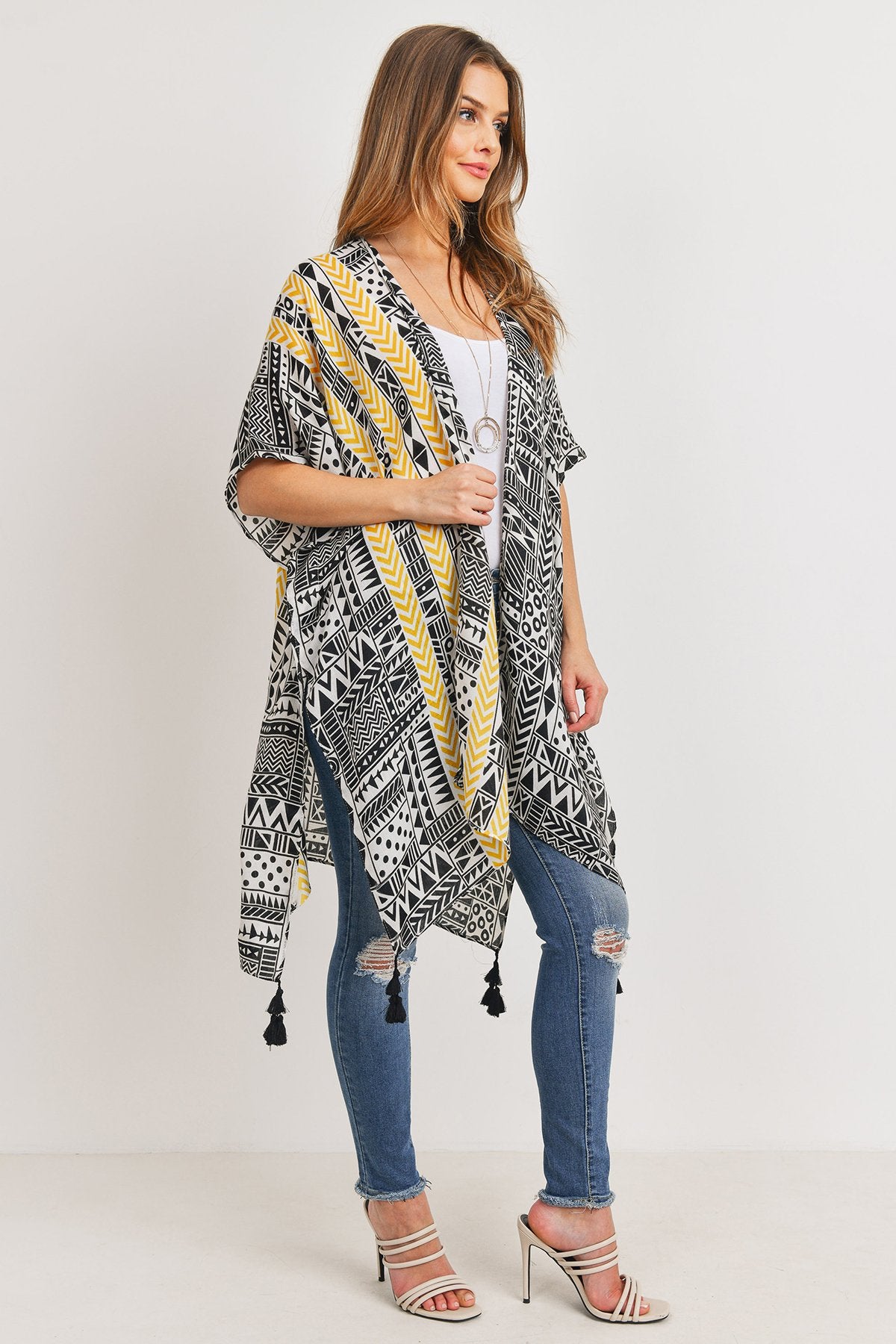 Riah Fashion - Tribal Pattern Print Tasseled Open Front Kimono - 1 COLOR