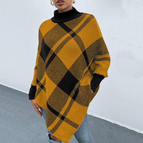 Plaid Turtleneck Poncho - T - 1 COLOR -