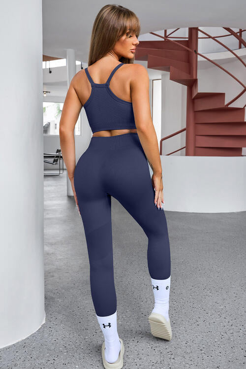 Tank Cropped Active Top and Pants Set - 3 PCS. - T - 5 COLORS -