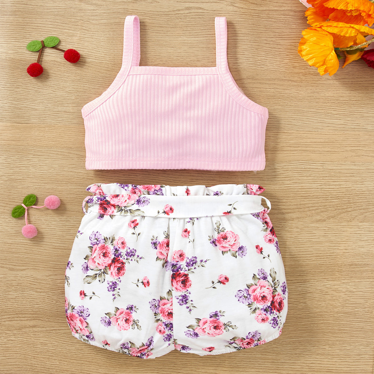 Decorative Button Tank and Floral Shorts Set - 2 PCS. - T - 2 COLORS -