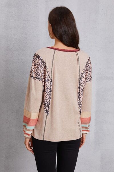 Contrast Stitching Leopard Long Sleeve Blouse - T - 1 COLOR -