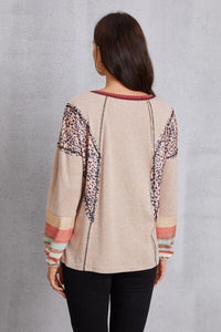 Thumbnail for Contrast Stitching Leopard Long Sleeve Blouse - T - 1 COLOR -