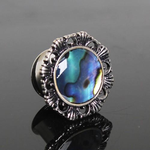 316L Stainless Steel Ornate Plug With Natural Abalone Inlay - SINGLE OR A PAIR - 5 SIZES -