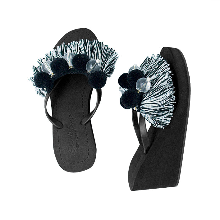 SAND BY SAYA N.Y. - Black Pom Pom Tassel- Women's High Wedge - 3 COLORS -