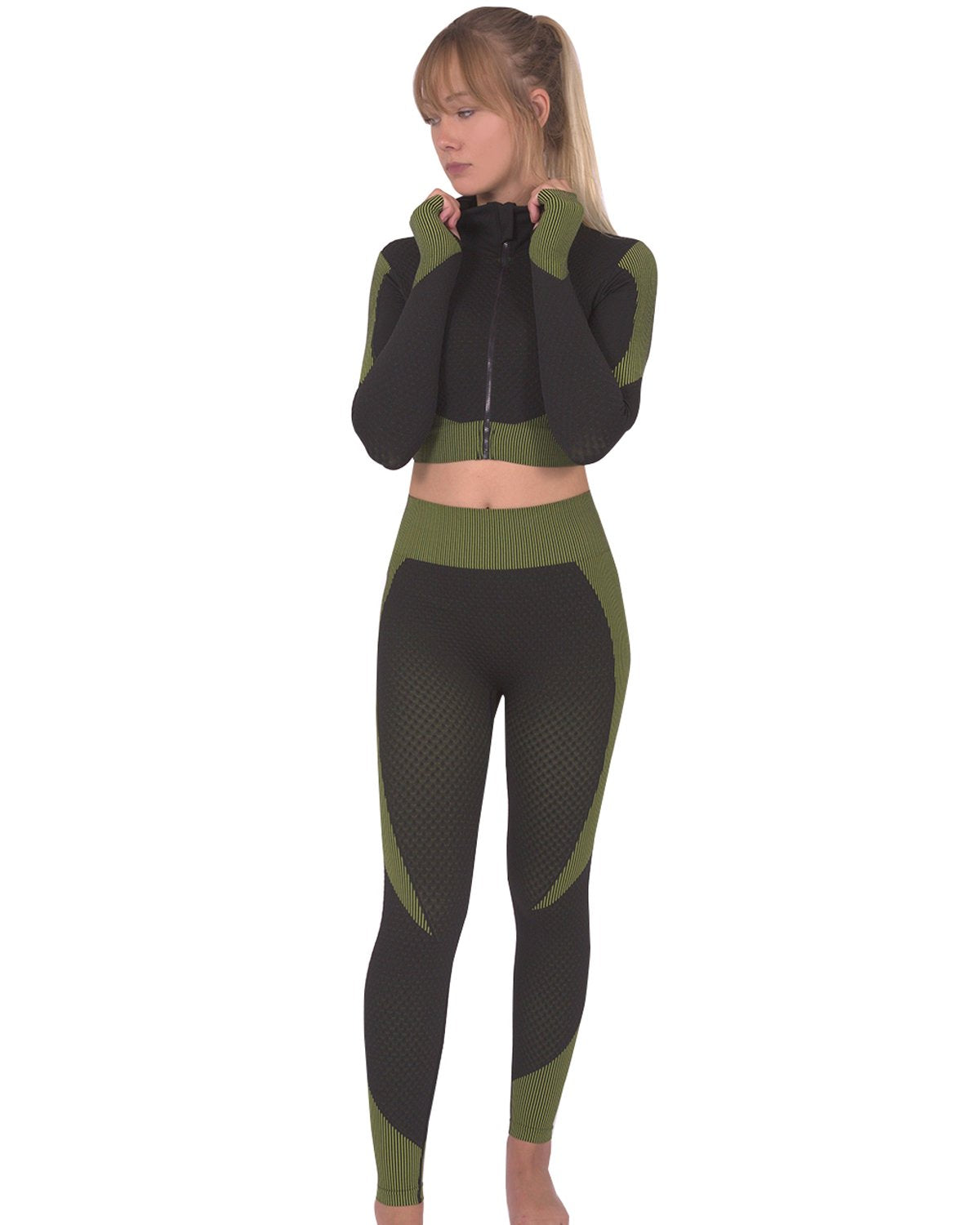 Savoy - Trois Seamless Jacket, Leggings & Sports Top 3 Set - 3 PCS - Black With Green -